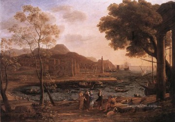 風景 Painting - 悲しみのヘリアデスの風景のある港の風景 クロード・ロラン・ビーチ